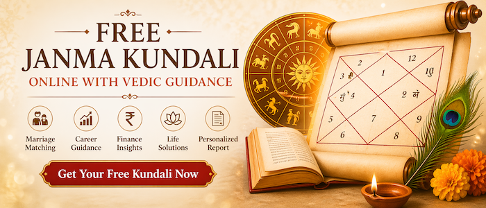 Free Janma Kundali Online banner with Vedic astrology kundali chart and horoscope guidance